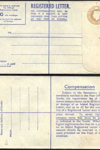 RP64 KGVI 5 1/2d Brown Registered Envelope PA and Co Imprint Blue Lining Size G