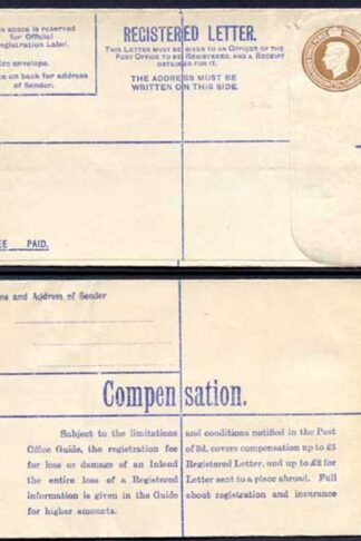 RP52 KGVI 5 1/2d Brown Registered Envelope No Selling Price on Front Size G Mint