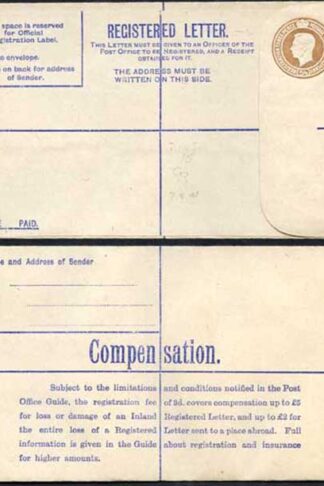 RP52 KGVI 5 1/2d Brown Registered Envelope No Selling Price on Front Size G Mint