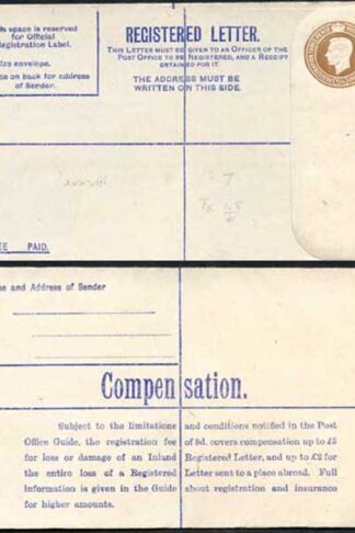 RP52 KGVI 5 1/2d Brown Registered Envelope No Selling Price on Front Size G Mint