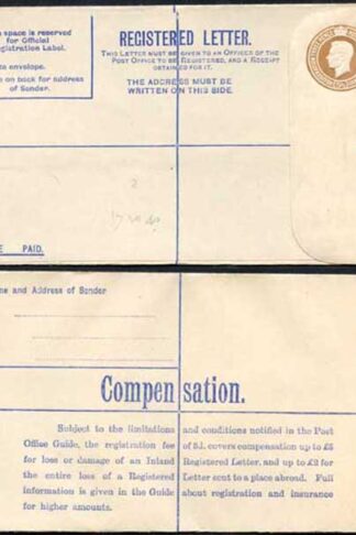 RP52 KGVI 5 1/2d Brown Registered Envelope No Selling Price on Front Size G Mint