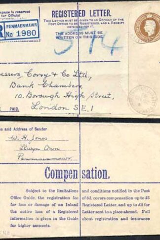 RP52 KGVI 5 1/2d Brown Registered Envelope No Selling Price on Front Size G Used
