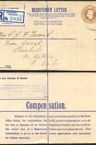 RP52 KGVI 5 1/2d Brown Registered Envelope No Selling Price on Front Size G Used