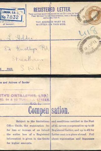 RP52 KGVI 5 1/2d Brown Registered Envelope No Selling Price on Front Size G Used