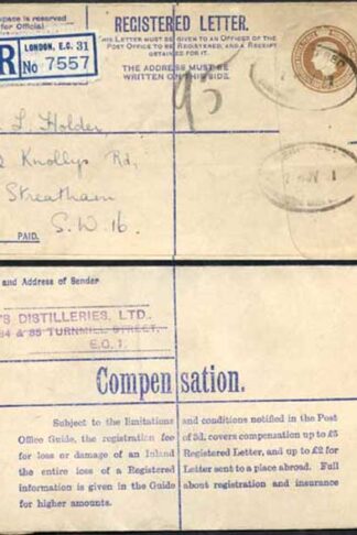 RP52 KGVI 5 1/2d Brown Registered Envelope No Selling Price on Front Size G Used