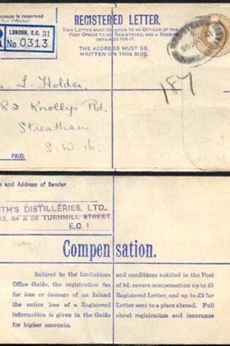 RP52 KGVI 5 1/2d Brown Registered Envelope No Selling Price on Front Size G Used