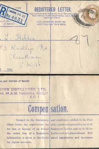 RP52 KGVI 5 1/2d Brown Registered Envelope No Selling Price on Front Size G Used