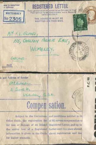 RP52 KGVI 5 1/2d Brown Registered Envelope No Selling Price on Front Size G Used