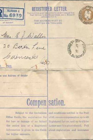RP52 KGVI 5 1/2d Brown Registered Envelope No Selling Price on Front Size G Used
