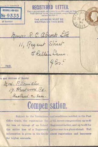 RP52 KGVI 5 1/2d Brown Registered Envelope No Selling Price on Front Size G Used
