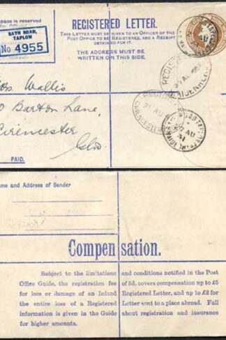 RP53 KGVI 5 1/2d Brown Registered Envelope 6d Selling Price on Front Size G Used
