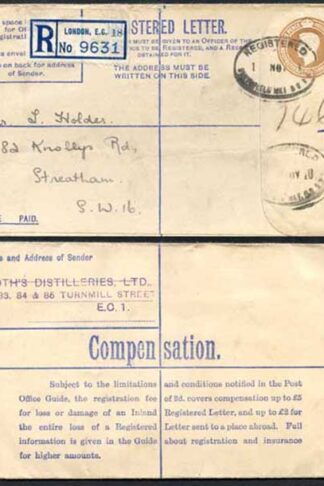 RP53 KGVI 5 1/2d Brown Registered Envelope 6d Selling Price on Front Size G Used
