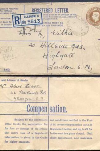 RP53 KGVI 5 1/2d Brown Registered Envelope 6d Selling Price on Front Size G Used