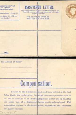 RP53 KGVI 5 1/2d Brown Registered Envelope 6d Selling Price on Front Size G Mint