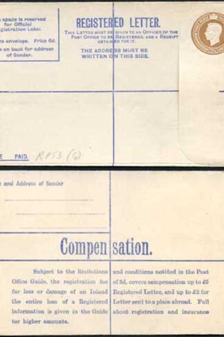 RP53 KGVI 5 1/2d Brown Registered Envelope 6d Selling Price on Front Size G Mint