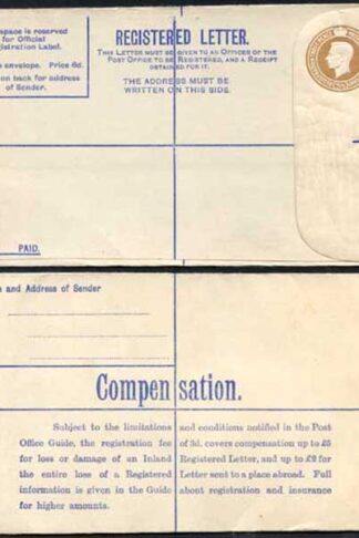 RP53 KGVI 5 1/2d Brown Registered Envelope 6d Selling Price on Front Size G Mint
