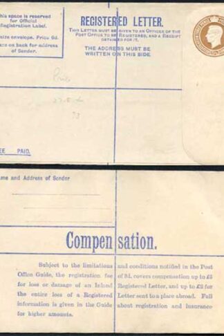 RP53 KGVI 5 1/2d Brown Registered Envelope 6d Selling Price on Front Size G Mint