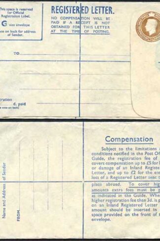 RP64 KGVI 5 1/2d Brown Registered Envelope PA and Co Imprint Blue Lining Size G