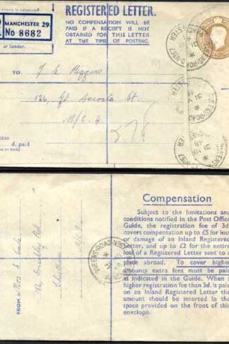 RP64 KGVI 5 1/2d Brown Registered Envelope PA and Co Imprint Blue Lining Size G