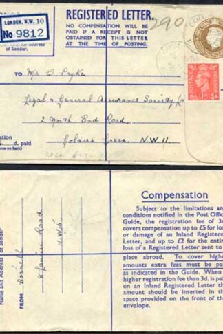 RP64 KGVI 5 1/2d Brown Registered Envelope PA and Co Imprint Blue Lining Size G
