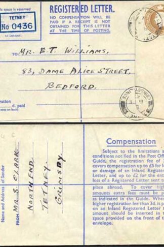 RP64 KGVI 5 1/2d Brown Registered Envelope PA and Co Imprint Blue Lining Size G