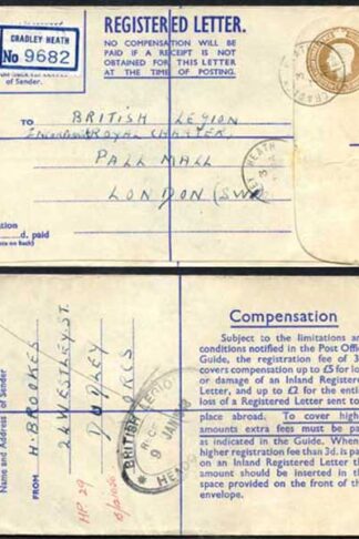 RP64 KGVI 5 1/2d Brown Registered Envelope PA and Co Imprint Blue Lining Size G
