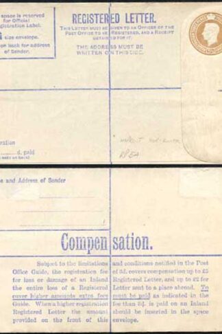 RP59 KGVI 5 1/2d Brown Registered Envelope McCorquodale Imprint Size G Mint