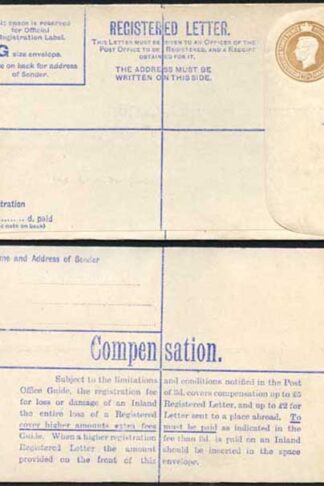 RP59 KGVI 5 1/2d Brown Registered Envelope McCorquodale Imprint Size G Mint