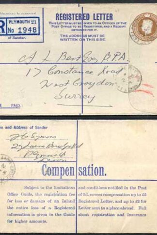 RP55 KGVI 5 1/2d Brown Registered Envelope Pirie Appleton Imprint Size G Used
