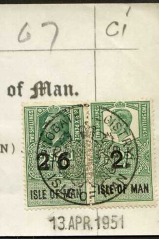 Isle of Man KGV 2/6 and KGVI 2/- Key Plate Type Revenues CDS on Piece