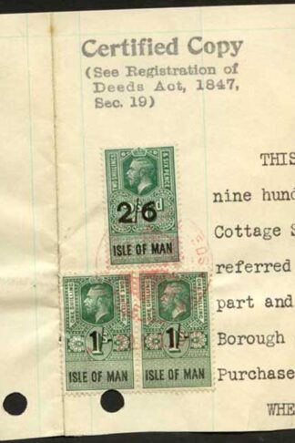 Isle of Man KGV 1/- PAIR and 2/6 Key Plate Type Revenues CDS on Piece