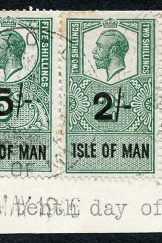 Isle of Man KGV 5/- and 2/6 PAIR Key Plate Type Revenues CDS on Piece