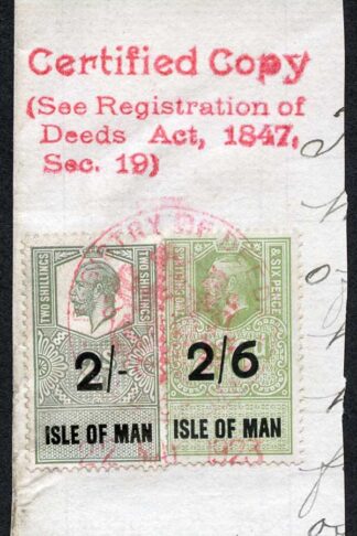 Isle of Man KGV 2/- and 2/6 Key Plate Type Revenues CDS on Piece