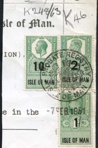 Isle of Man KGV 10/- and KGVI 2/- and 1/- Key Plate Type Revenues CDS on Piece