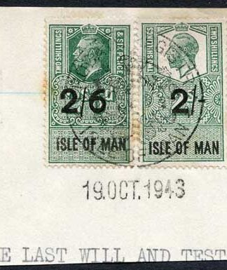 Isle of Man KGV 2/- and 2/6 Key Plate Type Revenues CDS on Piece