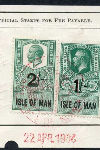 Isle of Man KGV 1/- and 2/- Key Plate Type Revenues CDS on Piece