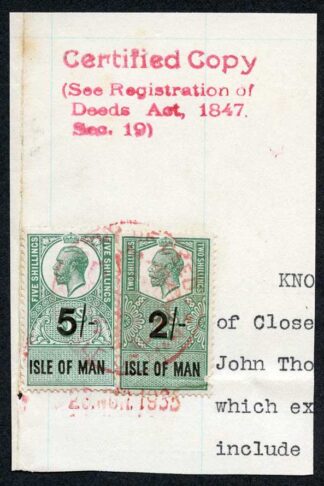 Isle of Man KGV 5/- and 2/- Key Plate Type Revenues CDS on Piece
