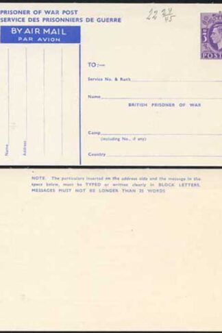 CP102 KGVI 1944 3d Post Office Issue Prisoner of War Post Card MINT