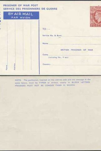 CP102 KGVI 1945 1 1/2d Post Office Issue Prisoner of War Post Card MINT