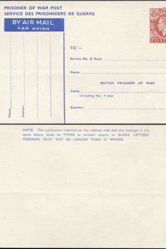 CP102 KGVI 1945 1 1/2d Post Office Issue Prisoner of War Post Card MINT