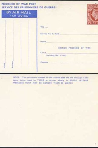 CP102 KGVI 1945 1 1/2d Post Office Issue Prisoner of War Post Card MINT