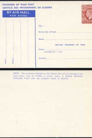 CP102 KGVI 1945 1 1/2d Post Office Issue Prisoner of War Post Card MINT