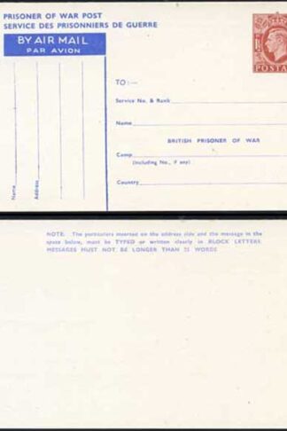 CP102 KGVI 1945 1 1/2d Post Office Issue Prisoner of War Post Card MINT