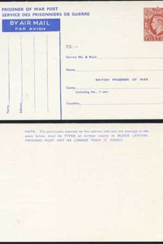 CP102 KGVI 1945 1 1/2d Post Office Issue Prisoner of War Post Card MINT