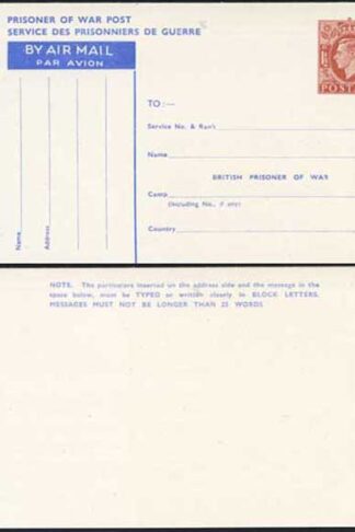 CP102 KGVI 1945 1 1/2d Post Office Issue Prisoner of War Post Card MINT