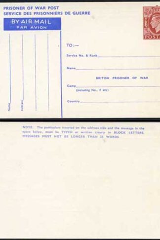 CP102 KGVI 1945 1 1/2d Post Office Issue Prisoner of War Post Card MINT