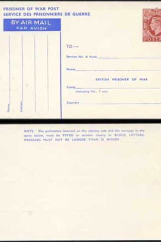 CP102 KGVI 1945 1 1/2d Post Office Issue Prisoner of War Post Card MINT