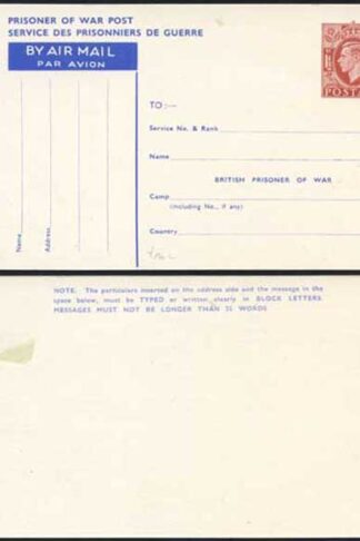CP102 KGVI 1945 1 1/2d Post Office Issue Prisoner of War Post Card MINT
