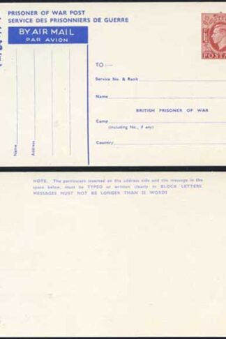 CP102 KGVI 1945 1 1/2d Post Office Issue Prisoner of War Post Card MINT