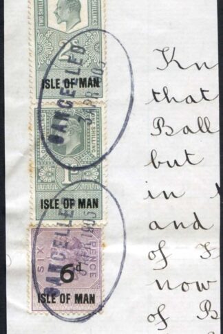Isle of Man QV 6d KEVII 2/- and 1/- Key Plate Type Revenues CDS on Piece